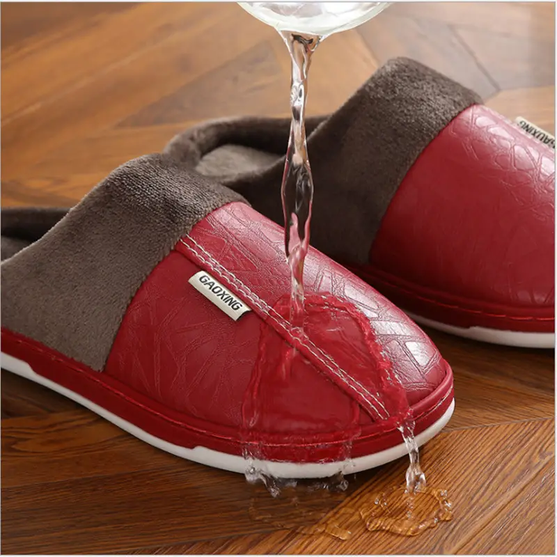 Pu Lint Cotton Slippers Men's Home Waterproof Thick-Soled Warm Indoor Couple Winter Home Wool Slippers Customization