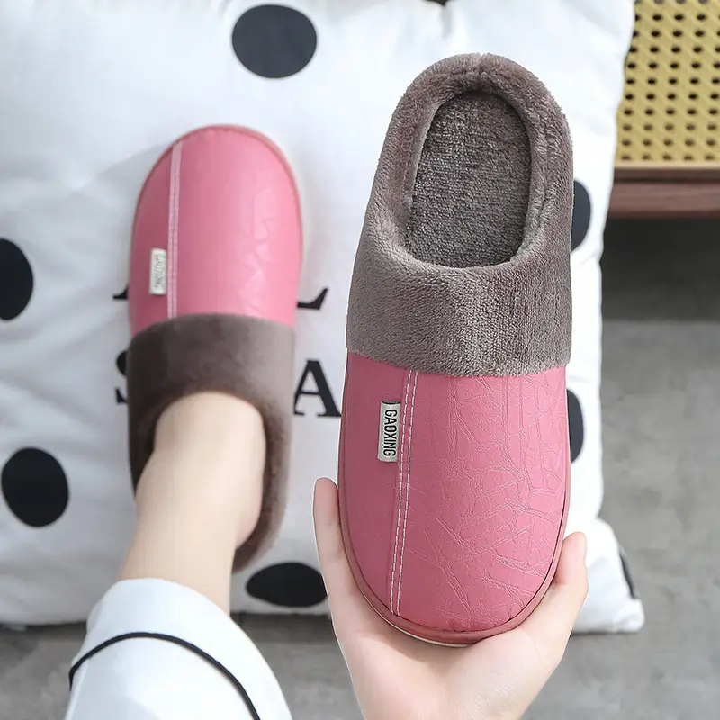 Pu Lint Cotton Slippers Men's Home Waterproof Thick-Soled Warm Indoor Couple Winter Home Wool Slippers Customization