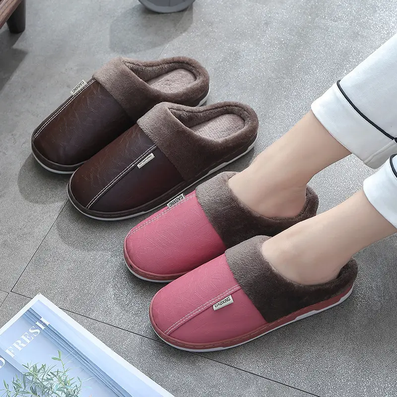 Pu Lint Cotton Slippers Men's Home Waterproof Thick-Soled Warm Indoor Couple Winter Home Wool Slippers Customization