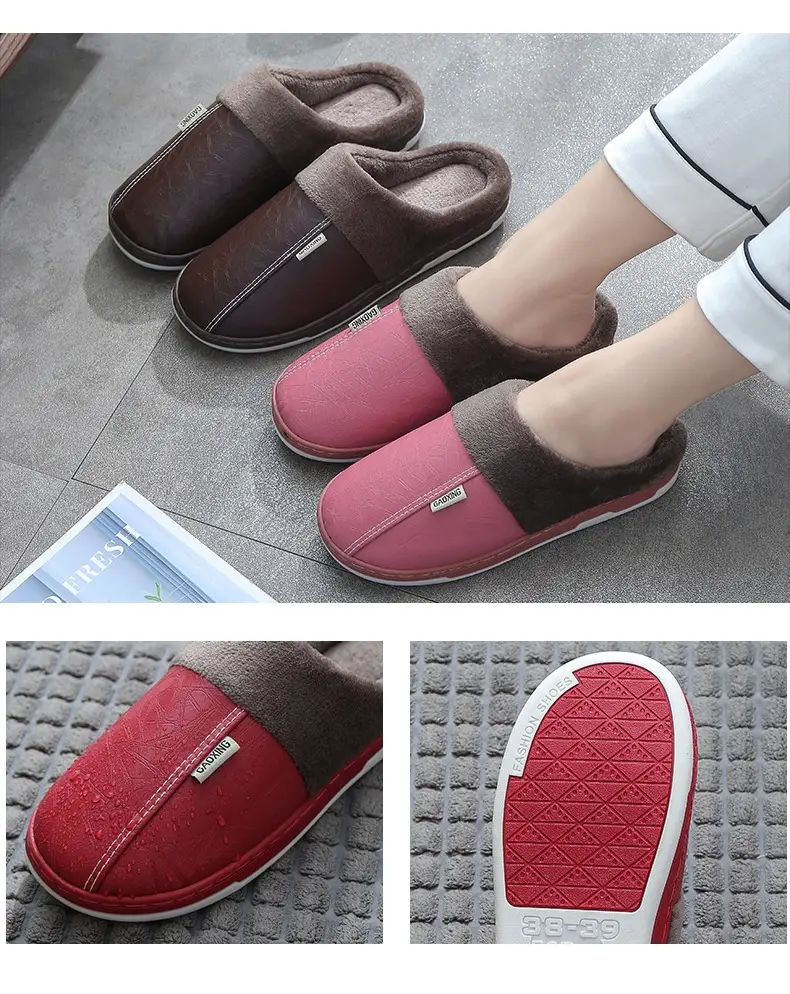 Pu Lint Cotton Slippers Men's Home Waterproof Thick-Soled Warm Indoor Couple Winter Home Wool Slippers Customization — feature 14