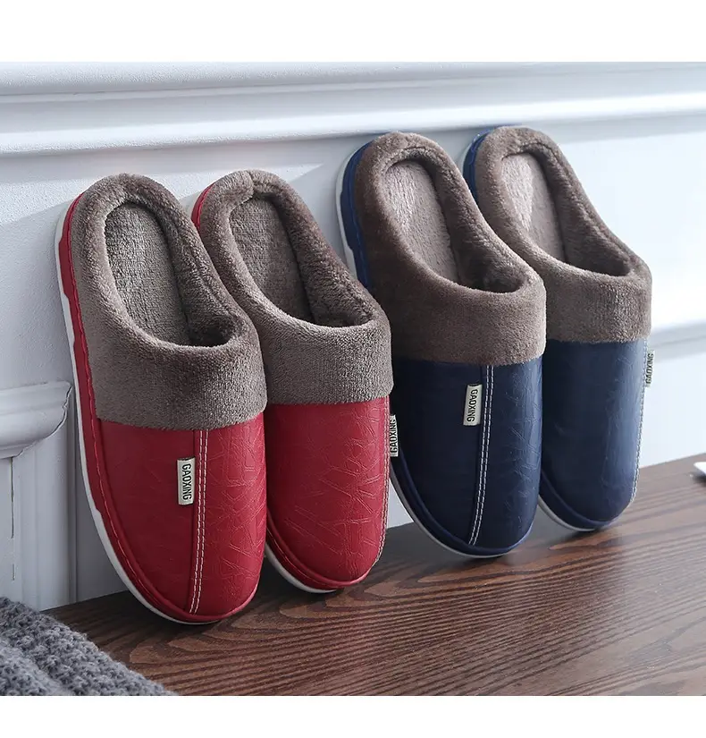 Pu Lint Cotton Slippers Men's Home Waterproof Thick-Soled Warm Indoor Couple Winter Home Wool Slippers Customization — feature 15