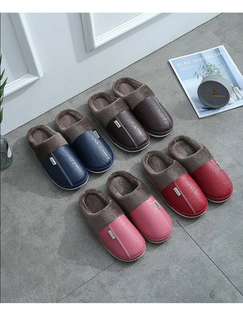 Pu Lint Cotton Slippers Men's Home Waterproof Thick-Soled Warm Indoor Couple Winter Home Wool Slippers Customization — feature 16