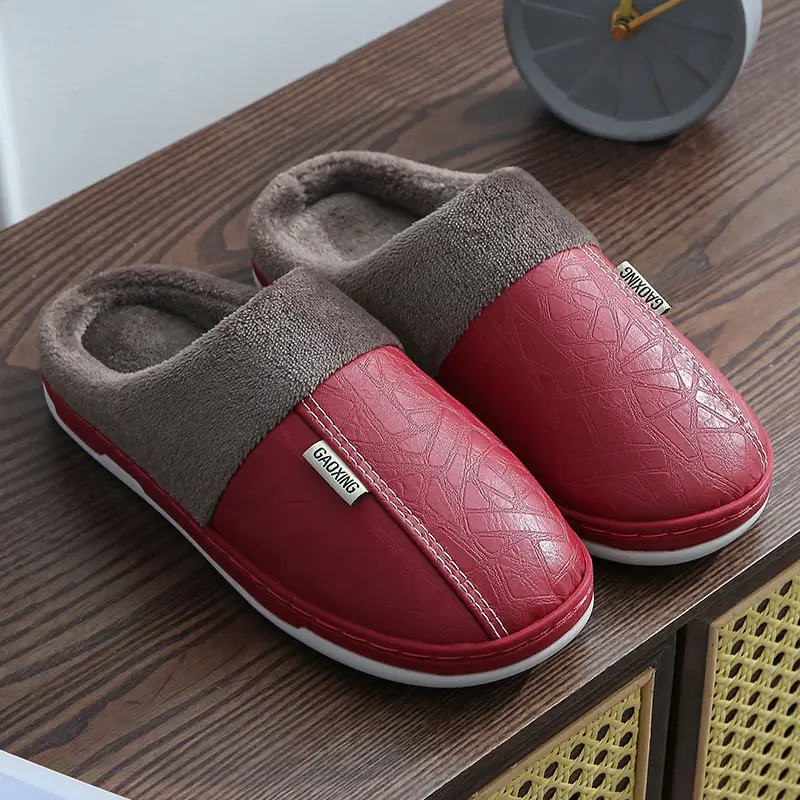 Pu Lint Cotton Slippers Men's Home Waterproof Thick-Soled Warm Indoor Couple Winter Home Wool Slippers Customization