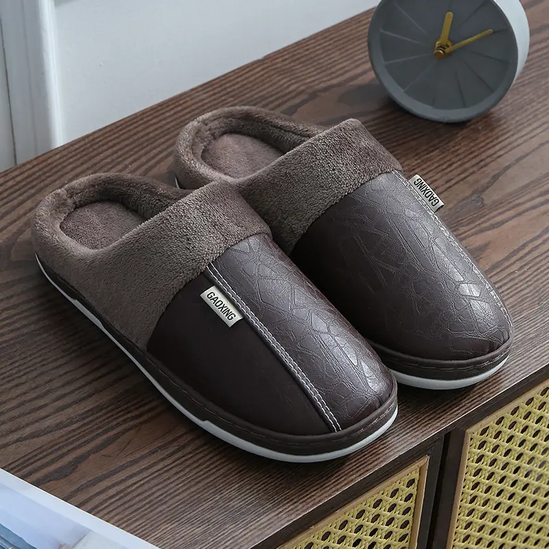 Pu Lint Cotton Slippers Men's Home Waterproof Thick-Soled Warm Indoor Couple Winter Home Wool Slippers Customization