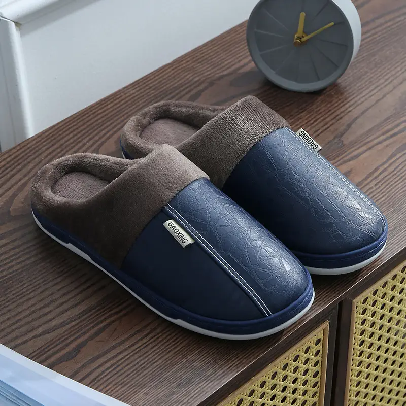 Pu Lint Cotton Slippers Men's Home Waterproof Thick-Soled Warm Indoor Couple Winter Home Wool Slippers Customization