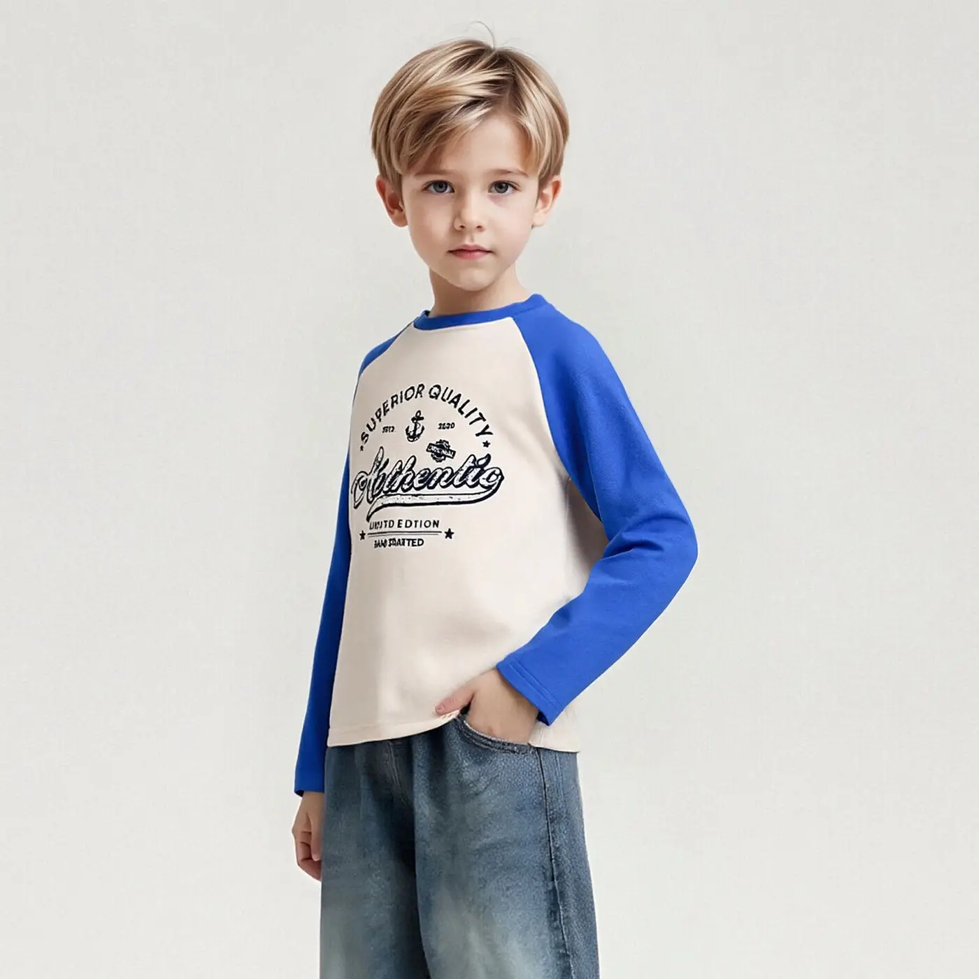 Kids Cotton Long Sleeve T-Shirt with Color Block Sleeves - Image 3