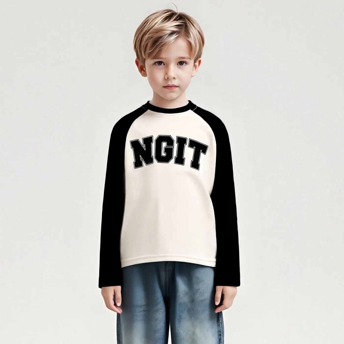 Kids Cotton Long Sleeve T-Shirt with Color Block Sleeves - Image 5