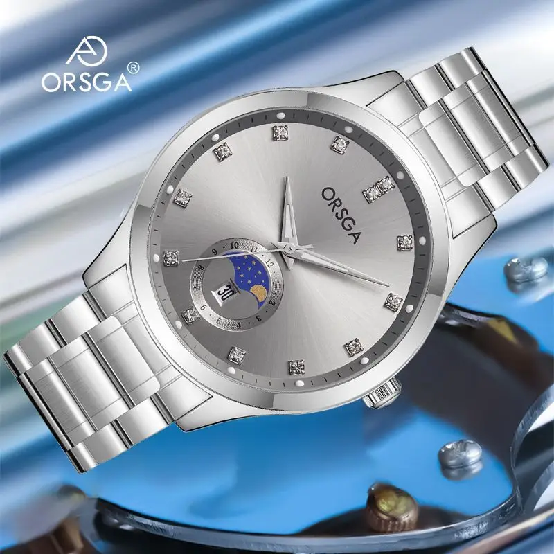 Orsga Men's Gold Dial Blue Leather Watch with Diamond Calendar - Image 36