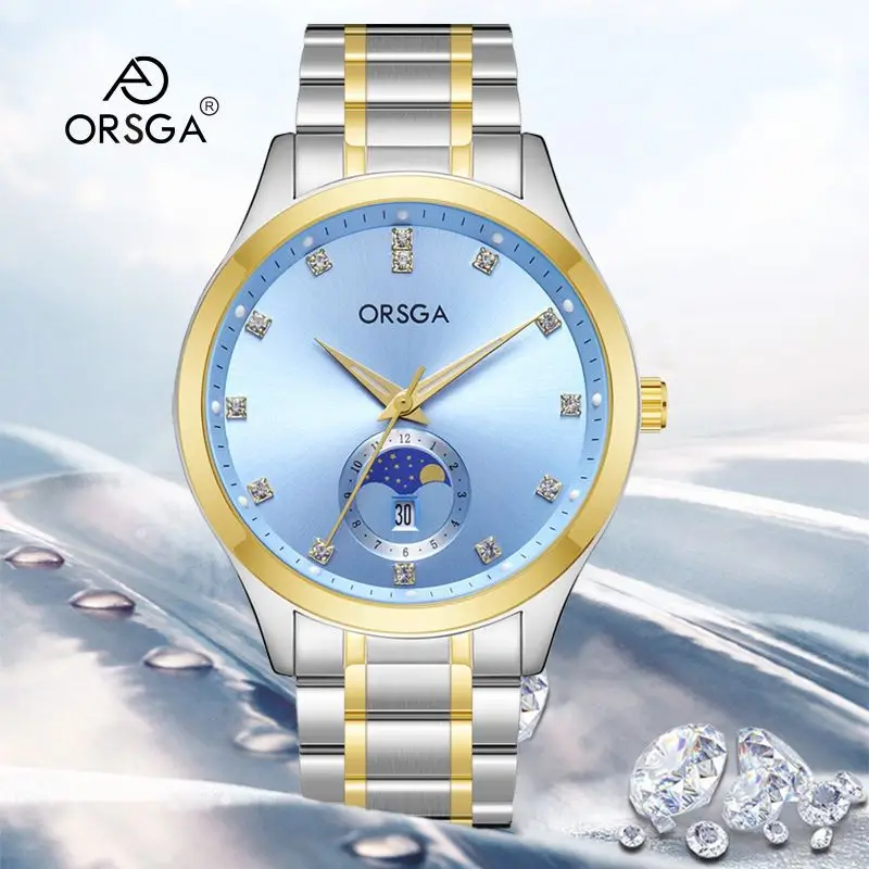 Orsga Men's Gold Dial Blue Leather Watch with Diamond Calendar - Image 37