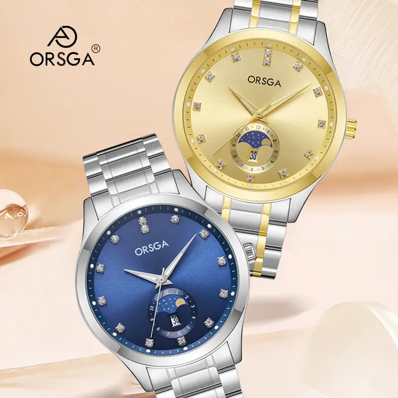 Orsga Men's Gold Dial Blue Leather Watch with Diamond Calendar - Image 38