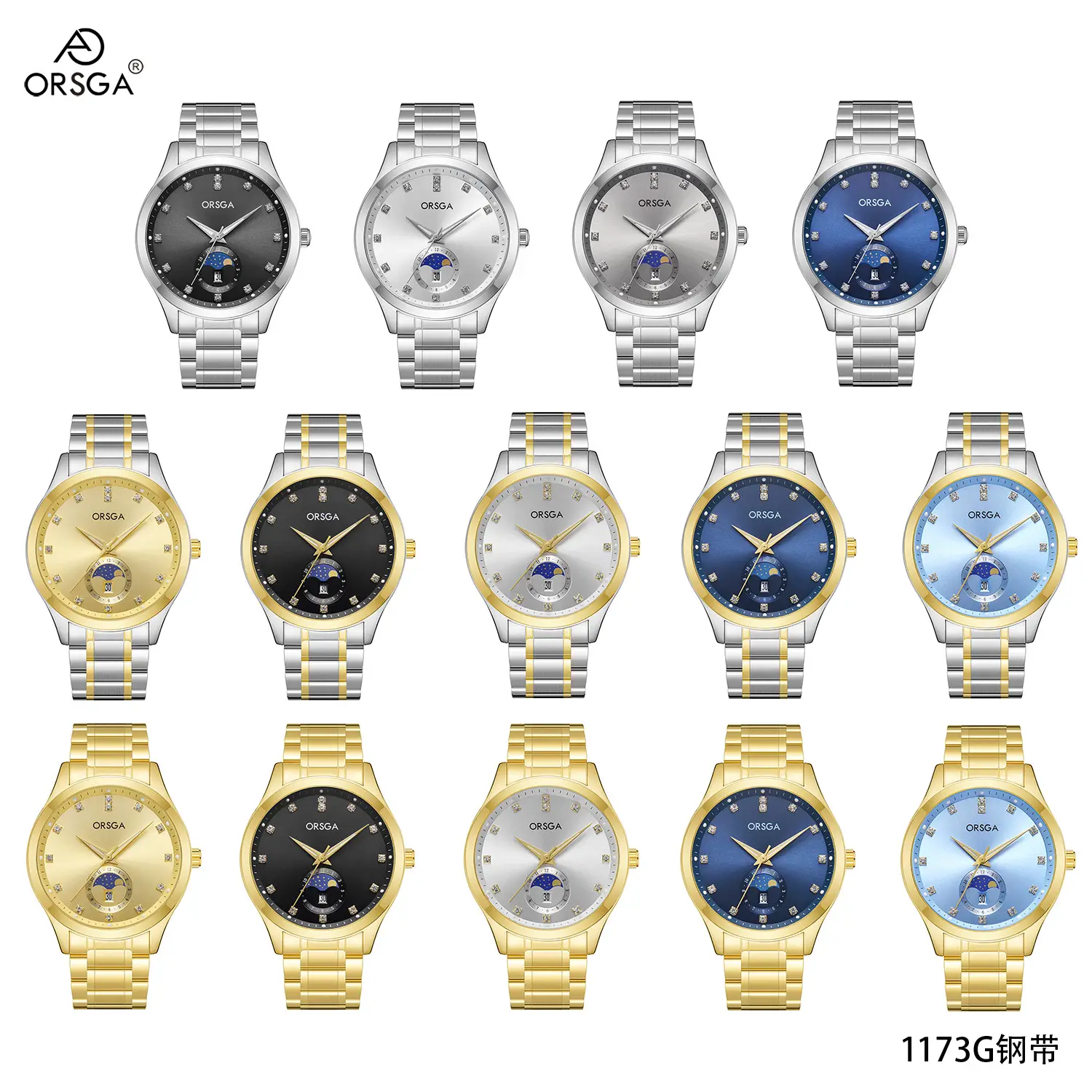 Orsga Men's Gold Dial Blue Leather Watch with Diamond Calendar - Image 40