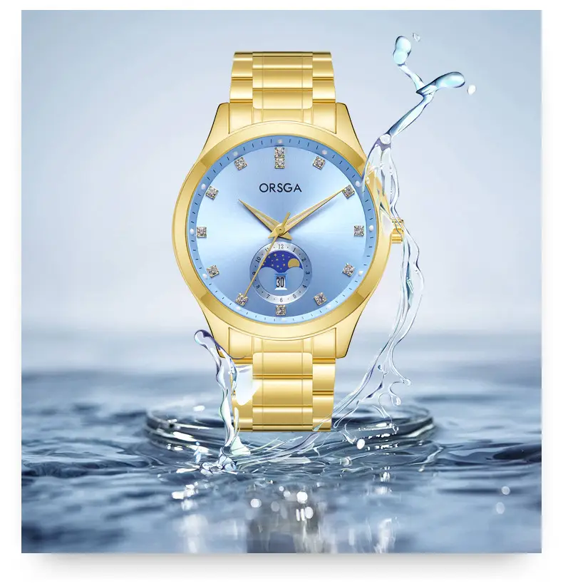 Orsga Men's Gold Dial Blue Leather Watch with Diamond Calendar — feature 13