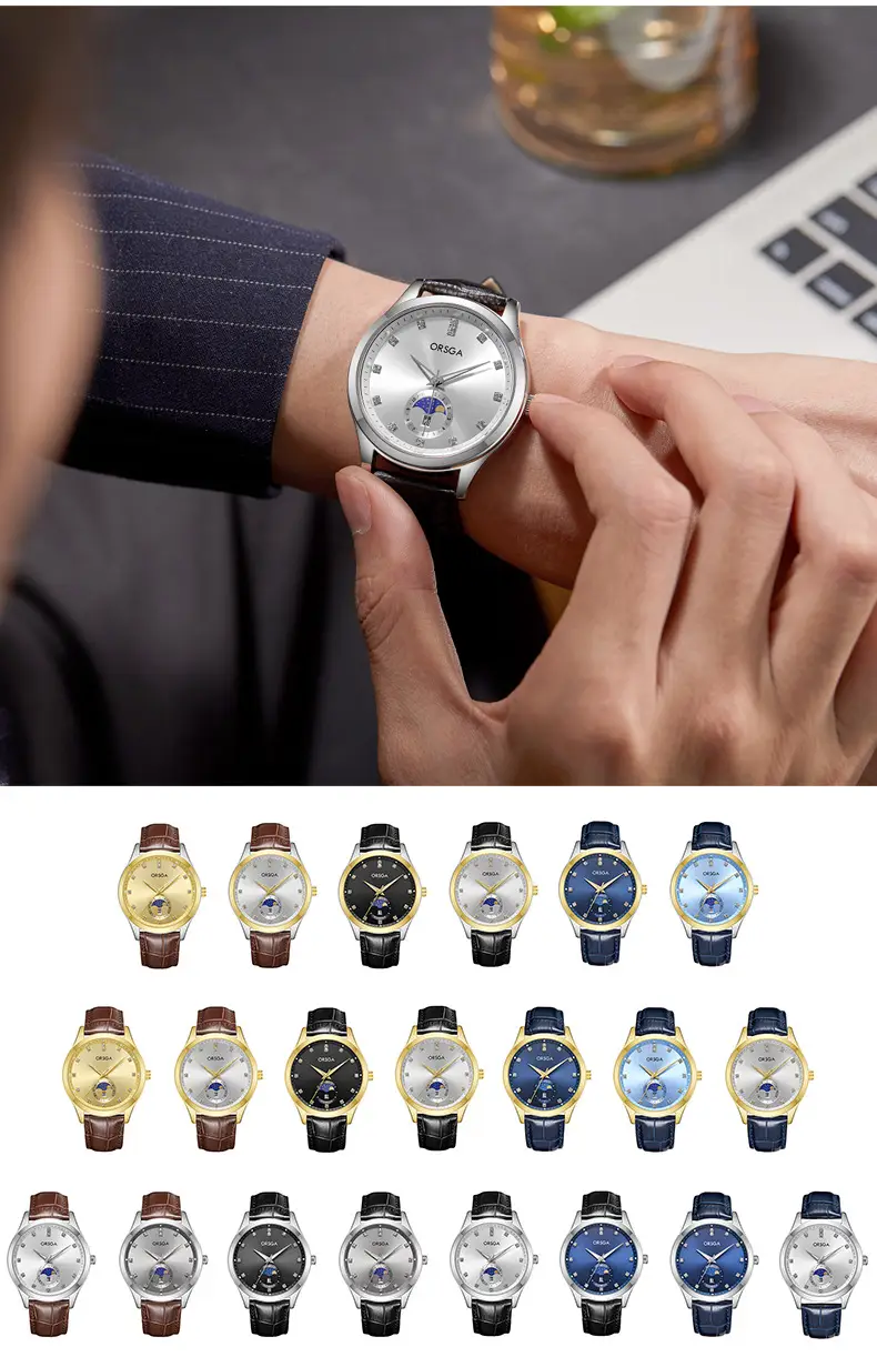 Orsga Men's Gold Dial Blue Leather Watch with Diamond Calendar — feature 15