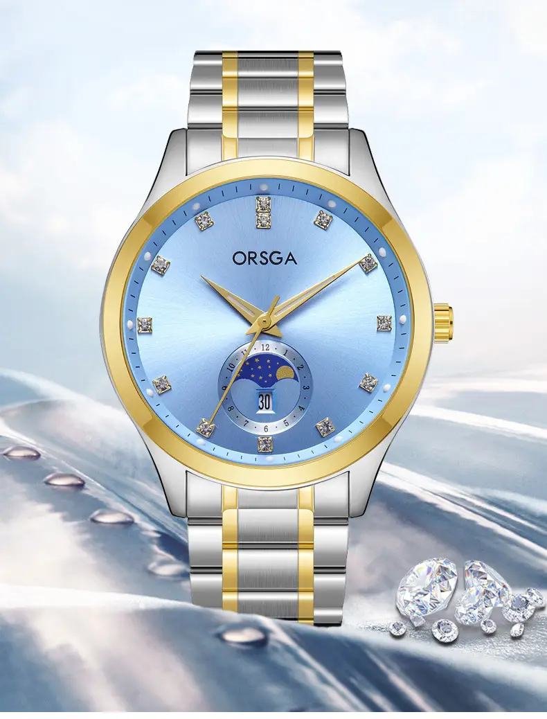 Orsga Men's Gold Dial Blue Leather Watch with Diamond Calendar — feature 9