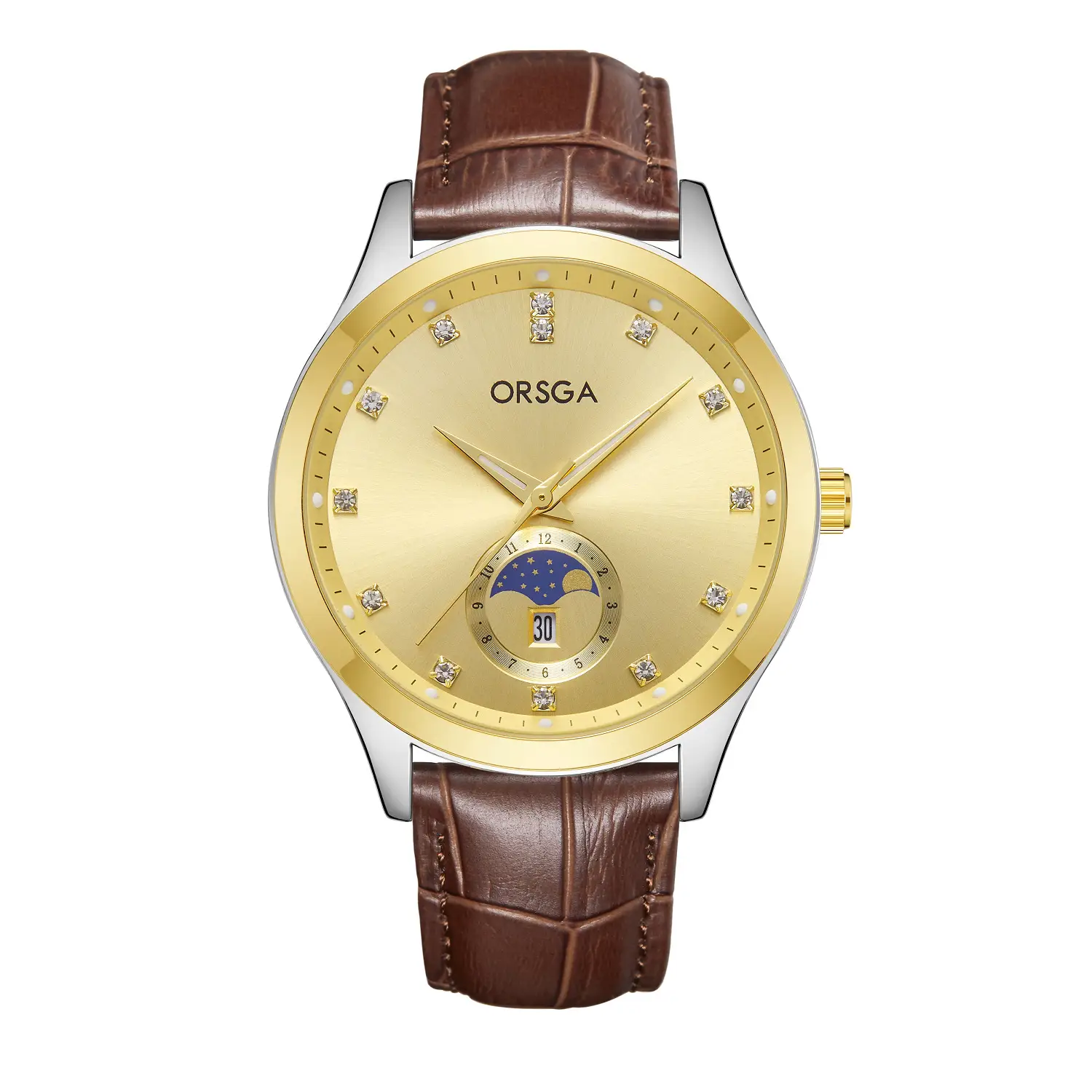 Orsga Men's Gold Dial Blue Leather Watch with Diamond Calendar - Image 15