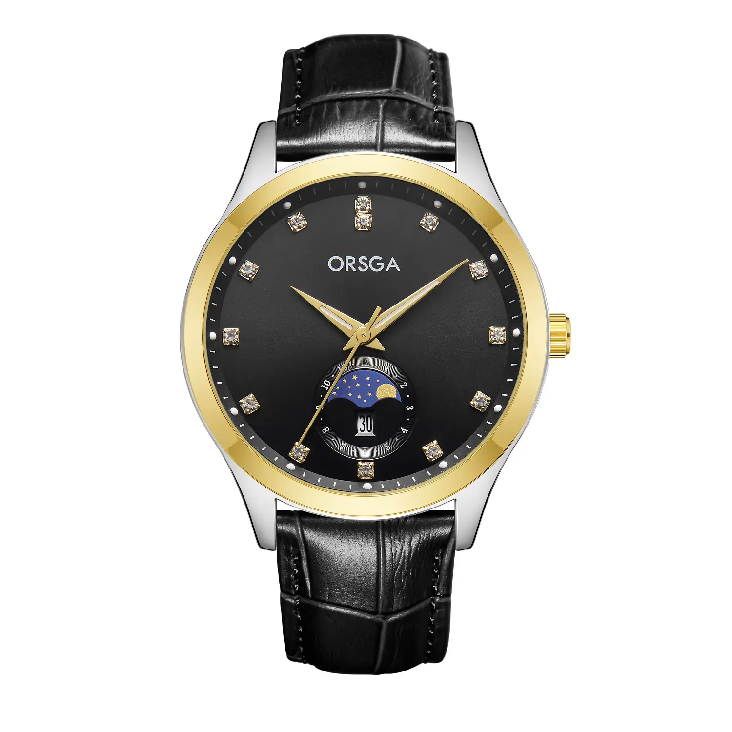 Orsga Men's Gold Dial Blue Leather Watch with Diamond Calendar - Image 17
