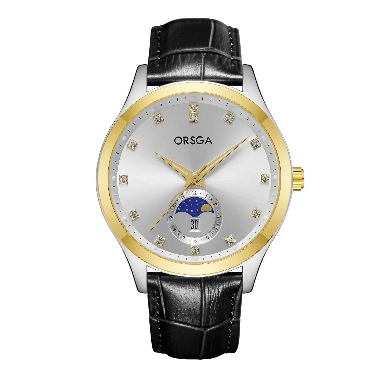 Orsga Men's Gold Dial Blue Leather Watch with Diamond Calendar - Image 18