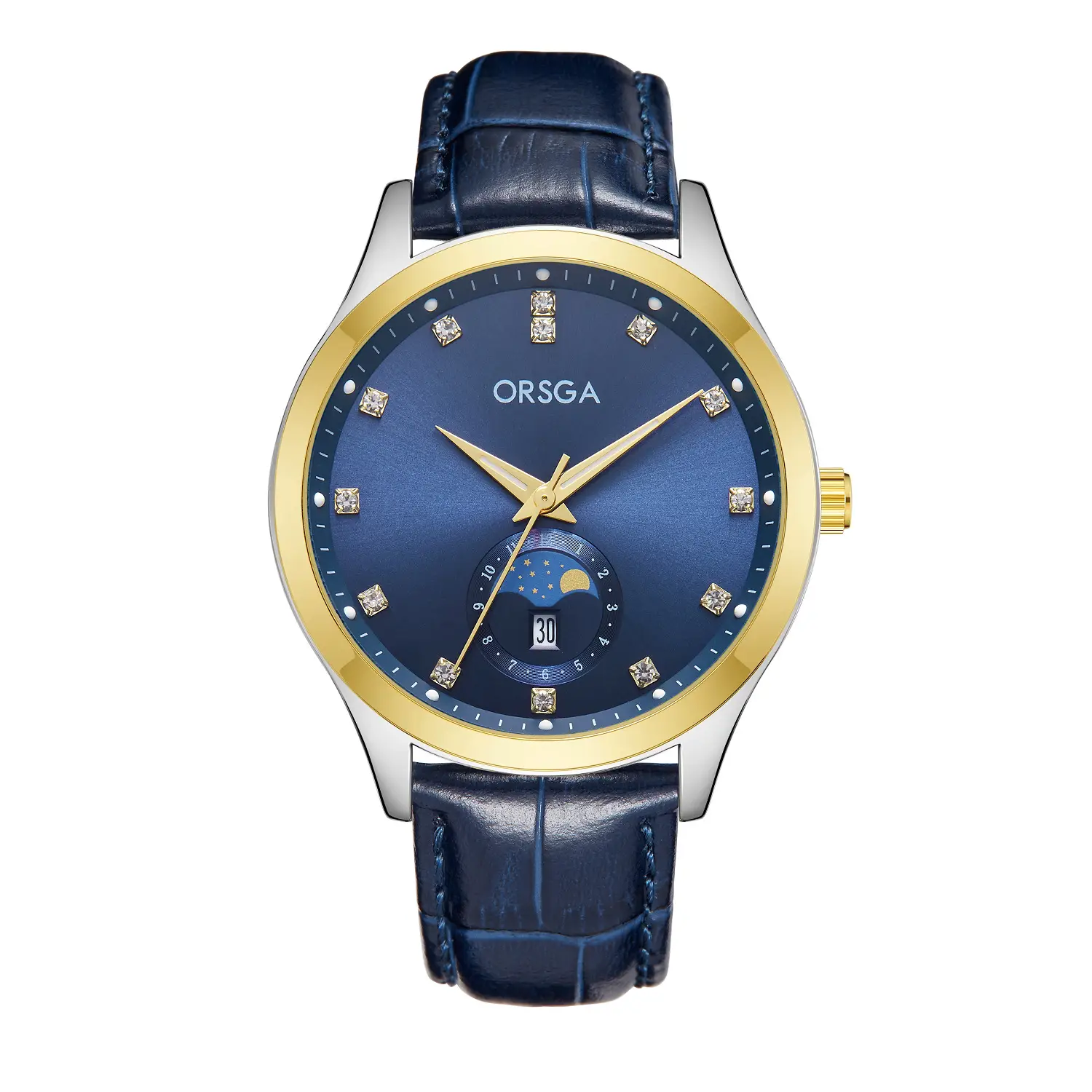 Orsga Men's Gold Dial Blue Leather Watch with Diamond Calendar - Image 19