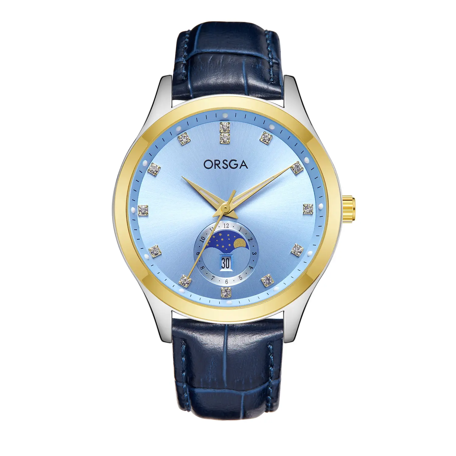 Orsga Men's Gold Dial Blue Leather Watch with Diamond Calendar - Image 20