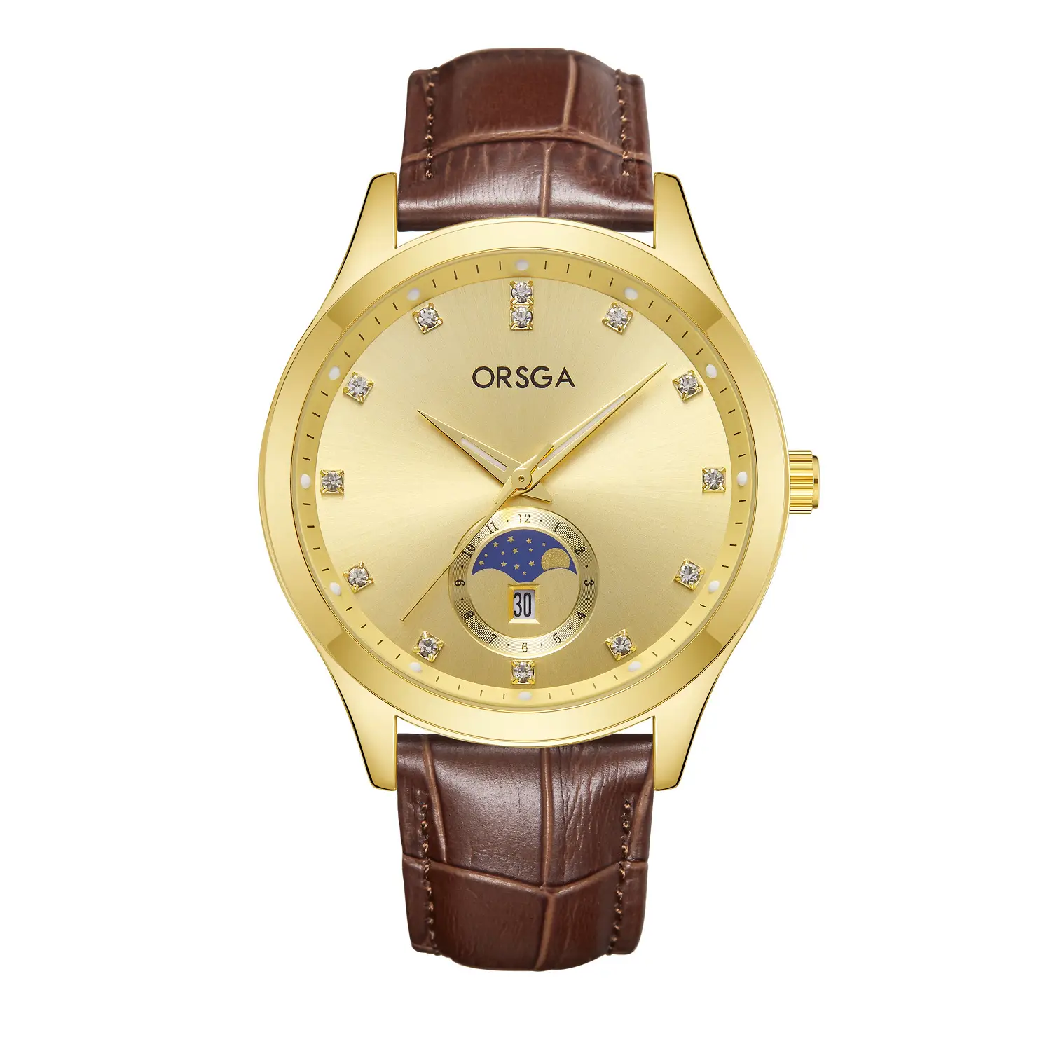 Orsga Men's Gold Dial Blue Leather Watch with Diamond Calendar - Image 21