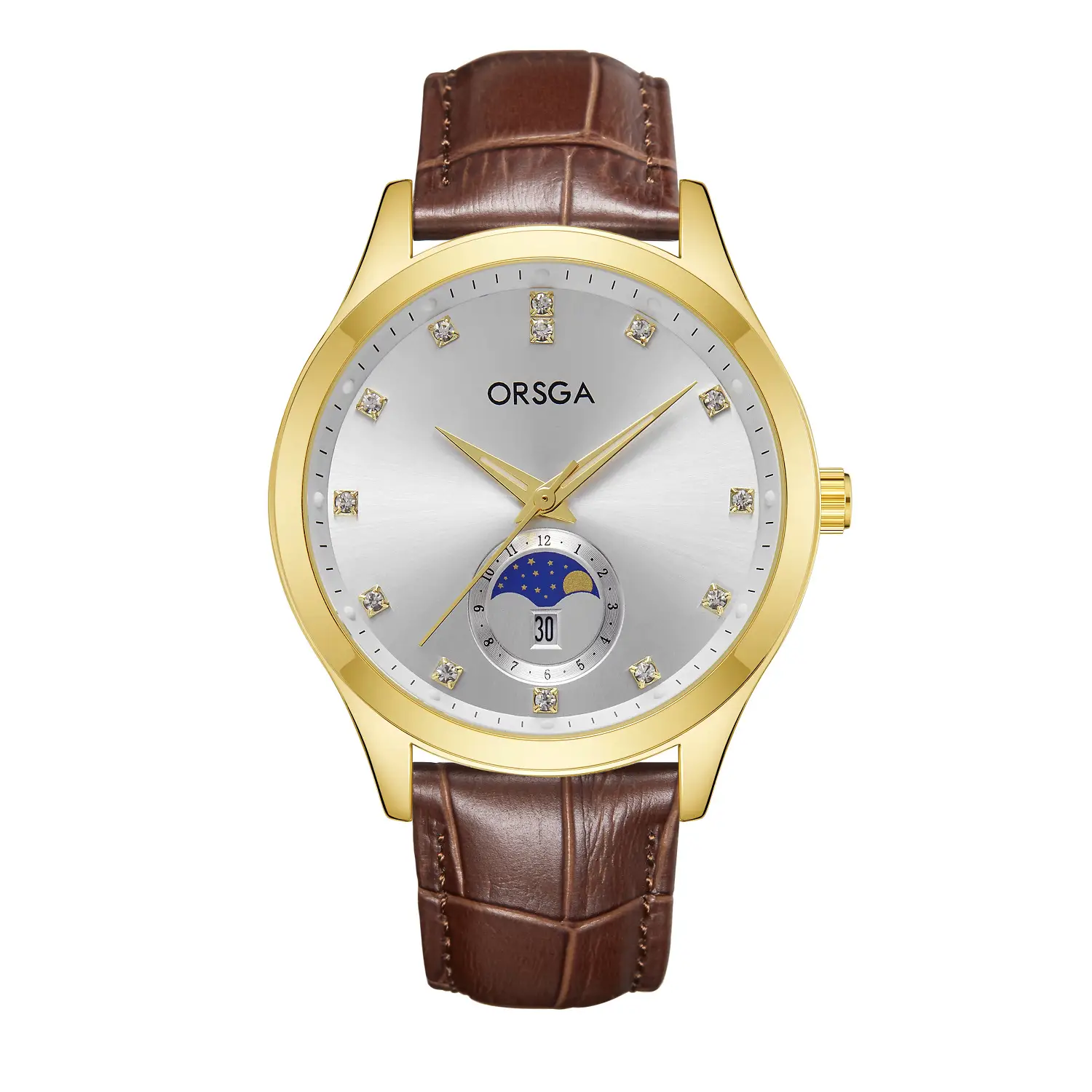 Orsga Men's Gold Dial Blue Leather Watch with Diamond Calendar - Image 22