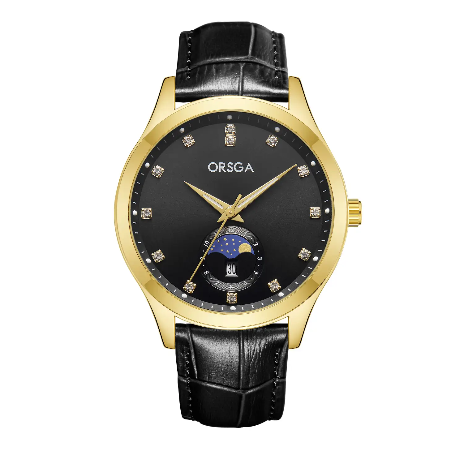 Orsga Men's Gold Dial Blue Leather Watch with Diamond Calendar - Image 23