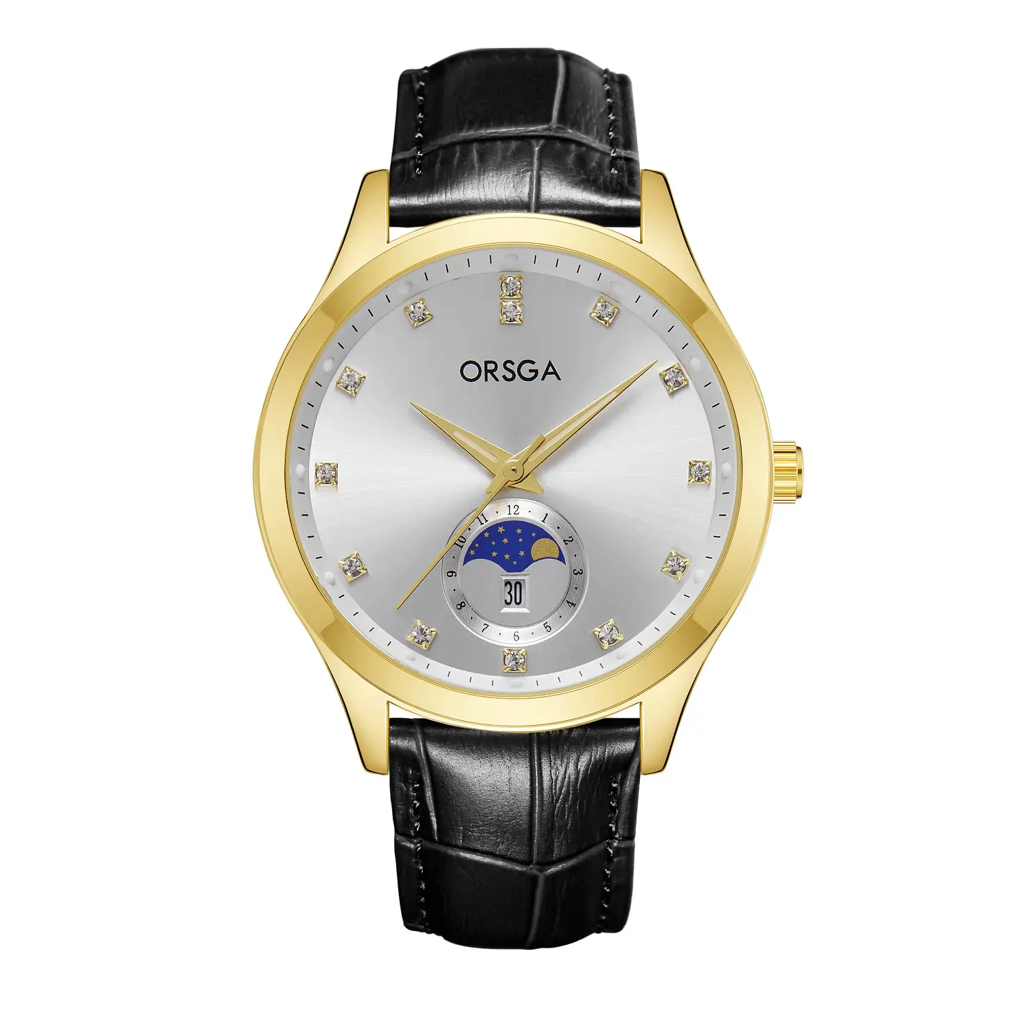 Orsga Men's Gold Dial Blue Leather Watch with Diamond Calendar - Image 24