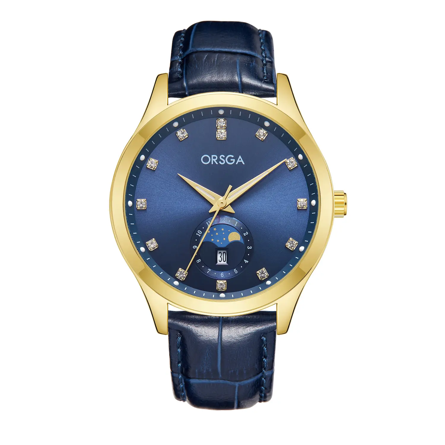 Orsga Men's Gold Dial Blue Leather Watch with Diamond Calendar - Image 25