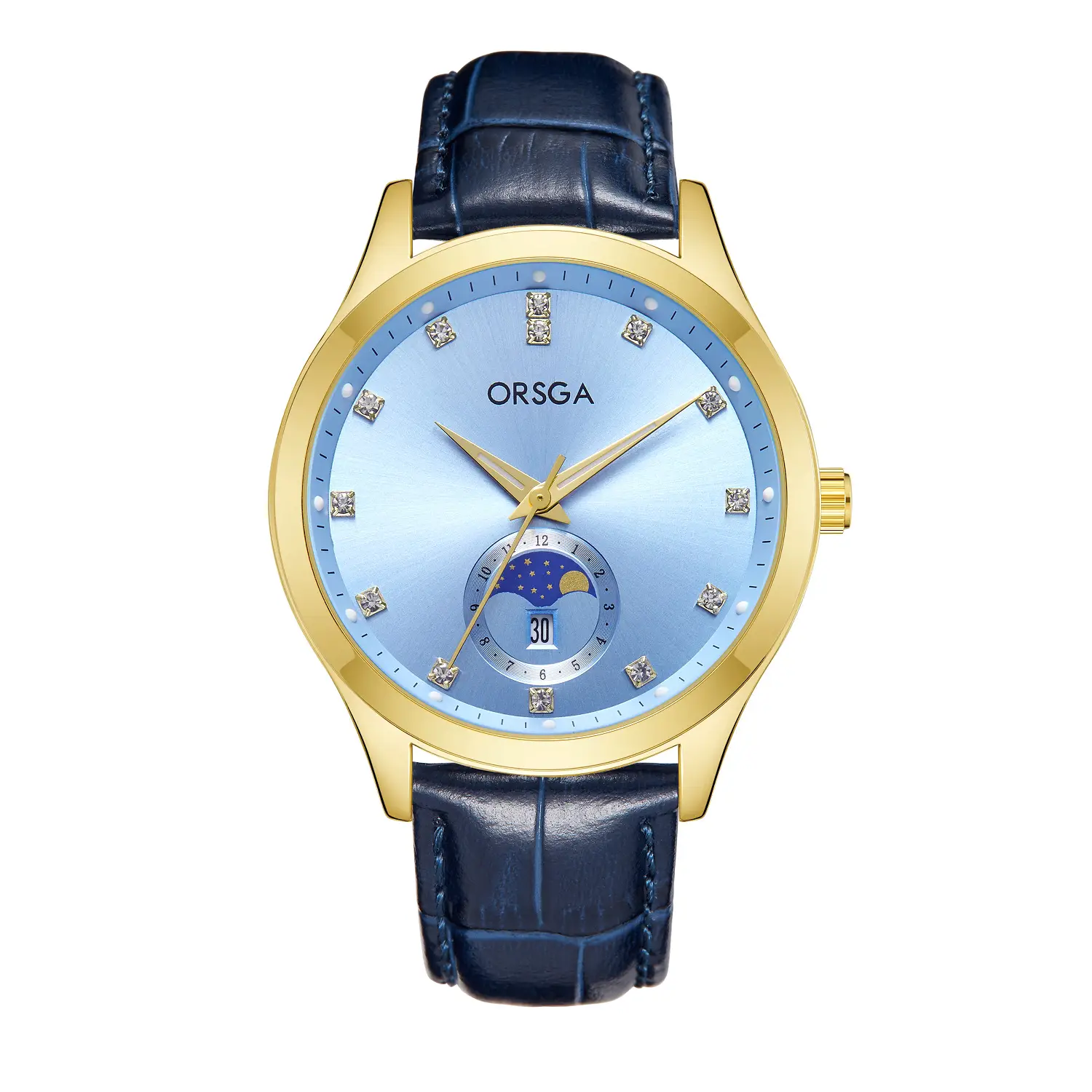 Orsga Men's Gold Dial Blue Leather Watch with Diamond Calendar - Image 26
