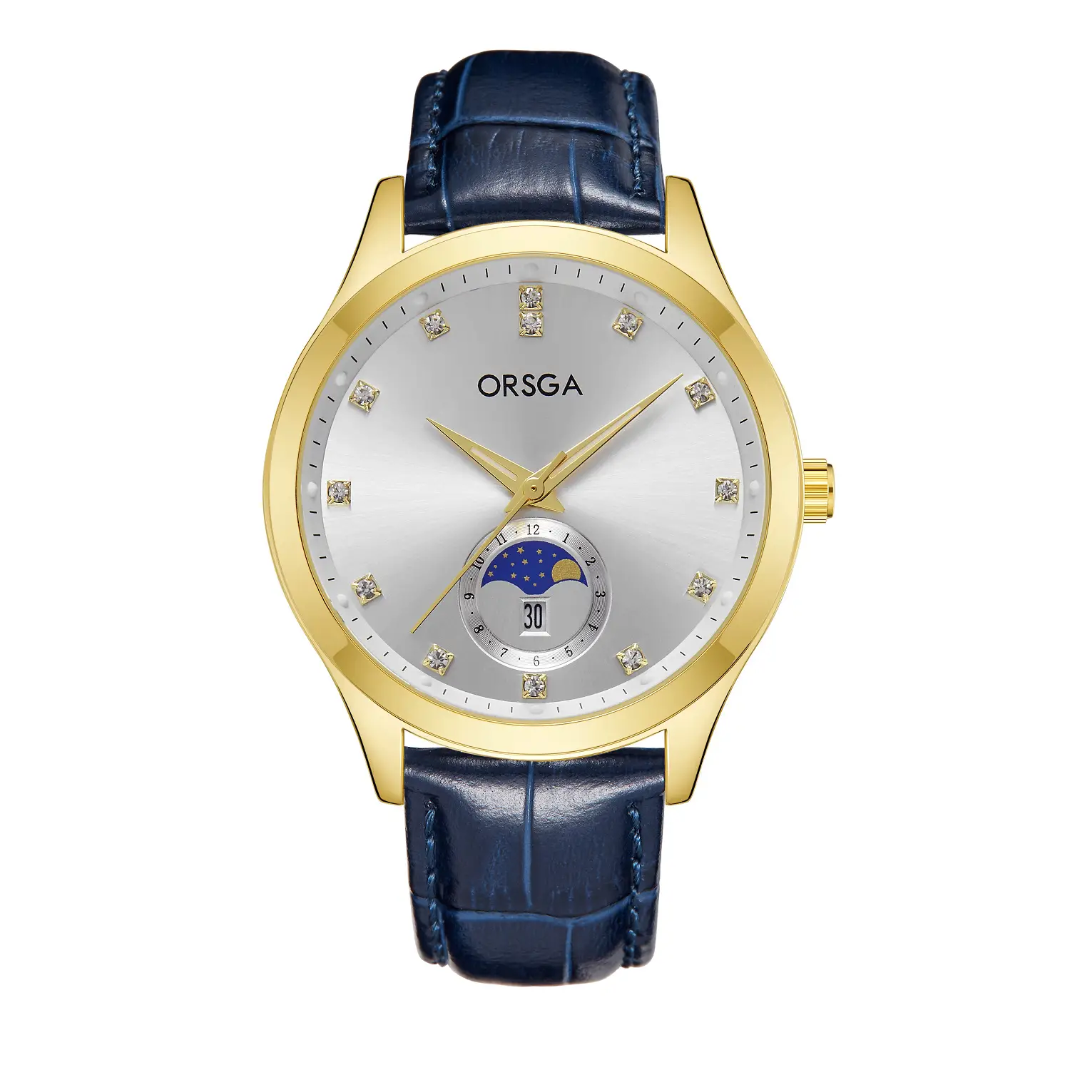Orsga Men's Gold Dial Blue Leather Watch with Diamond Calendar - Image 27