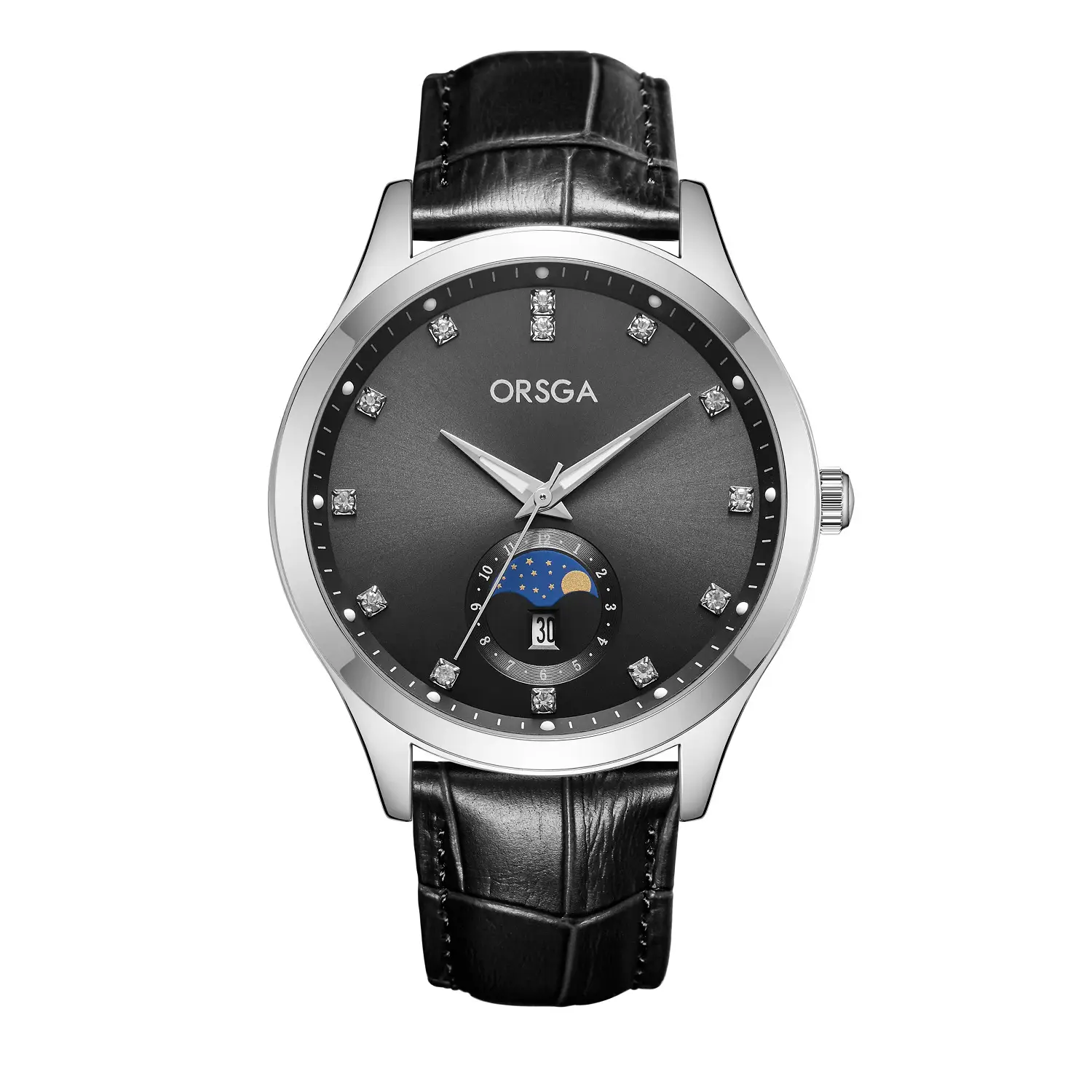 Orsga Men's Gold Dial Blue Leather Watch with Diamond Calendar - Image 30