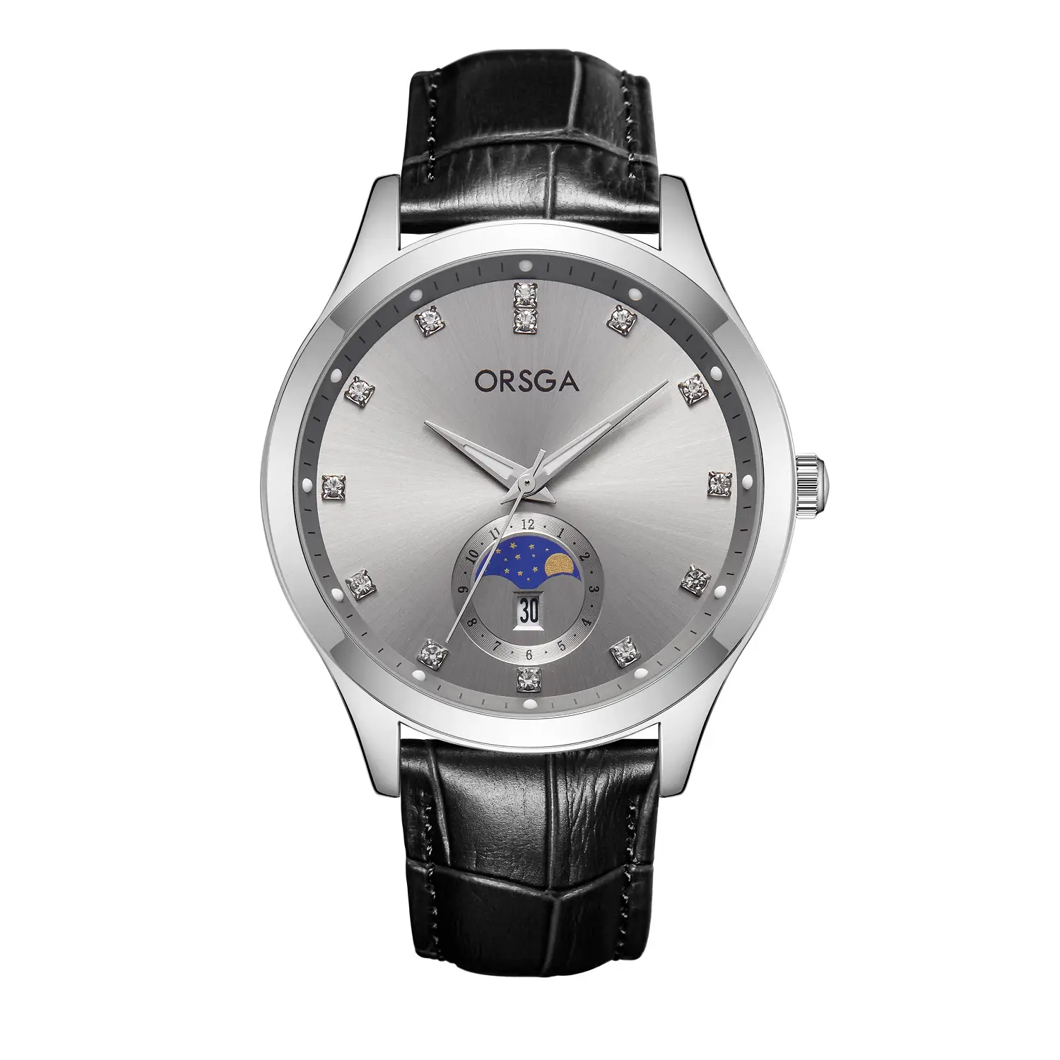 Orsga Men's Gold Dial Blue Leather Watch with Diamond Calendar - Image 31