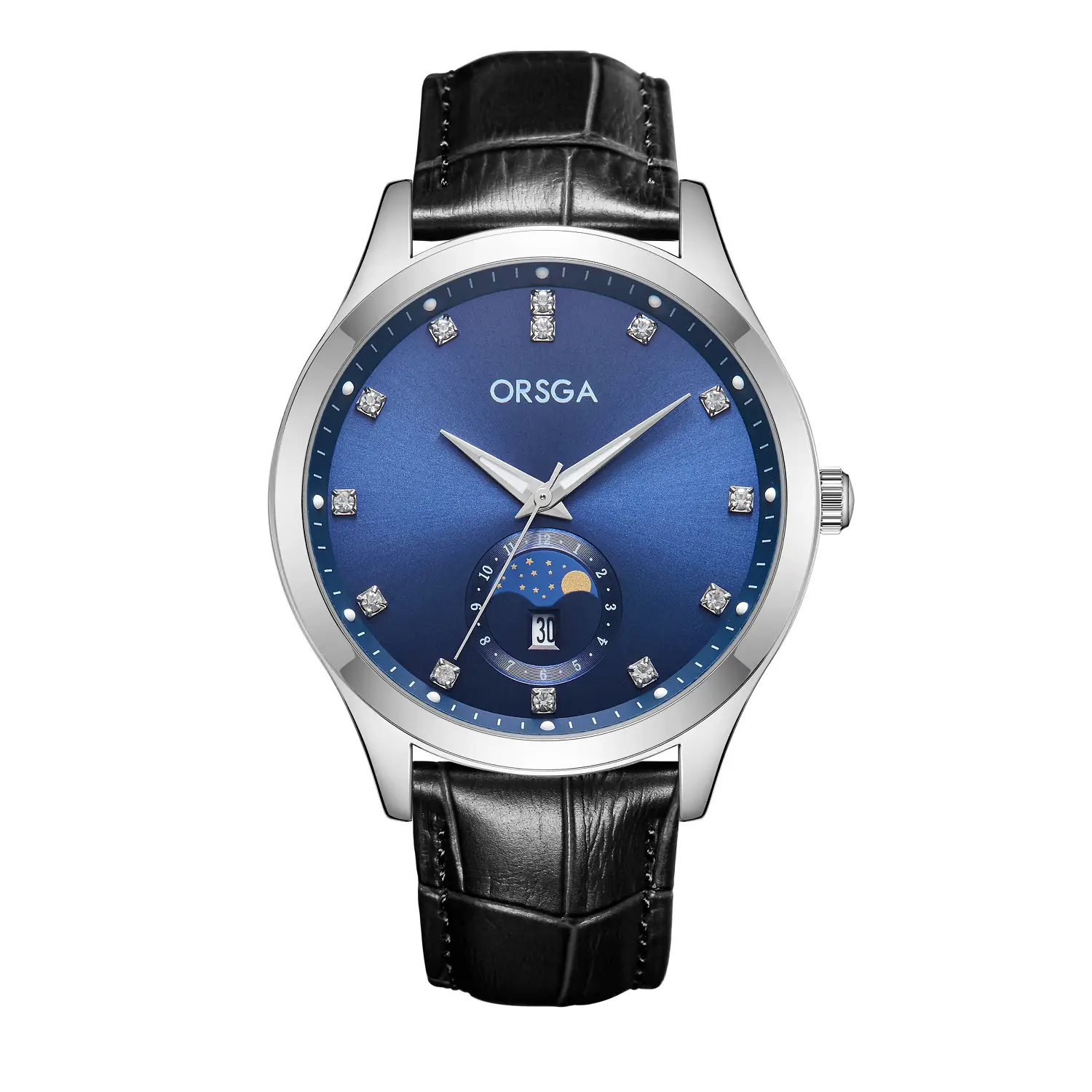 Orsga Men's Gold Dial Blue Leather Watch with Diamond Calendar - Image 33