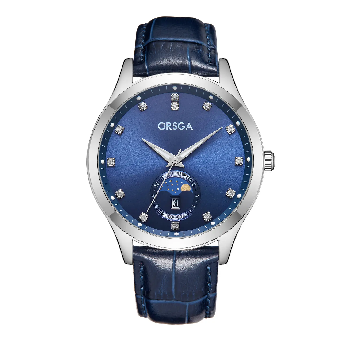 Orsga Men's Gold Dial Blue Leather Watch with Diamond Calendar - Image 34