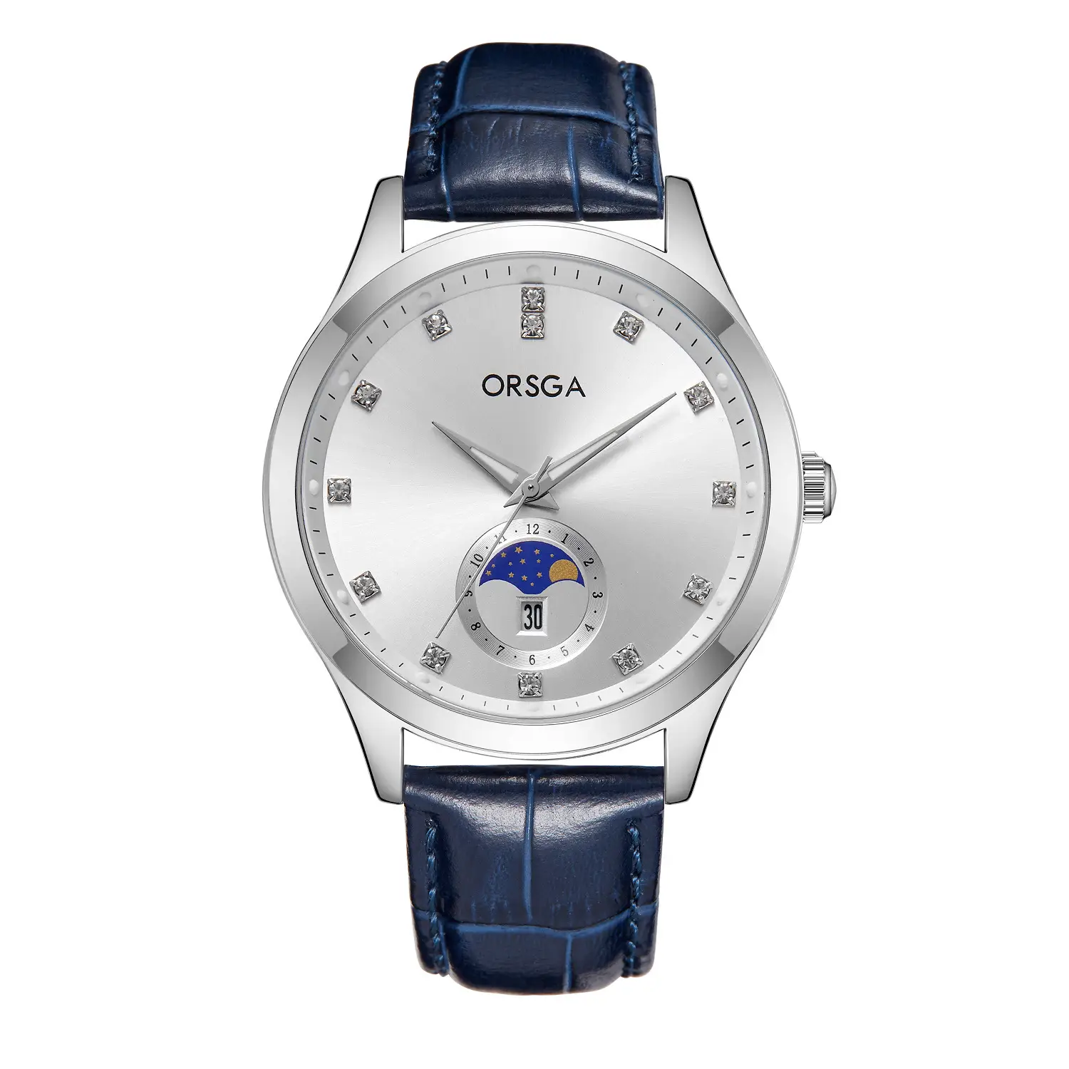 Orsga Men's Gold Dial Blue Leather Watch with Diamond Calendar - Image 35
