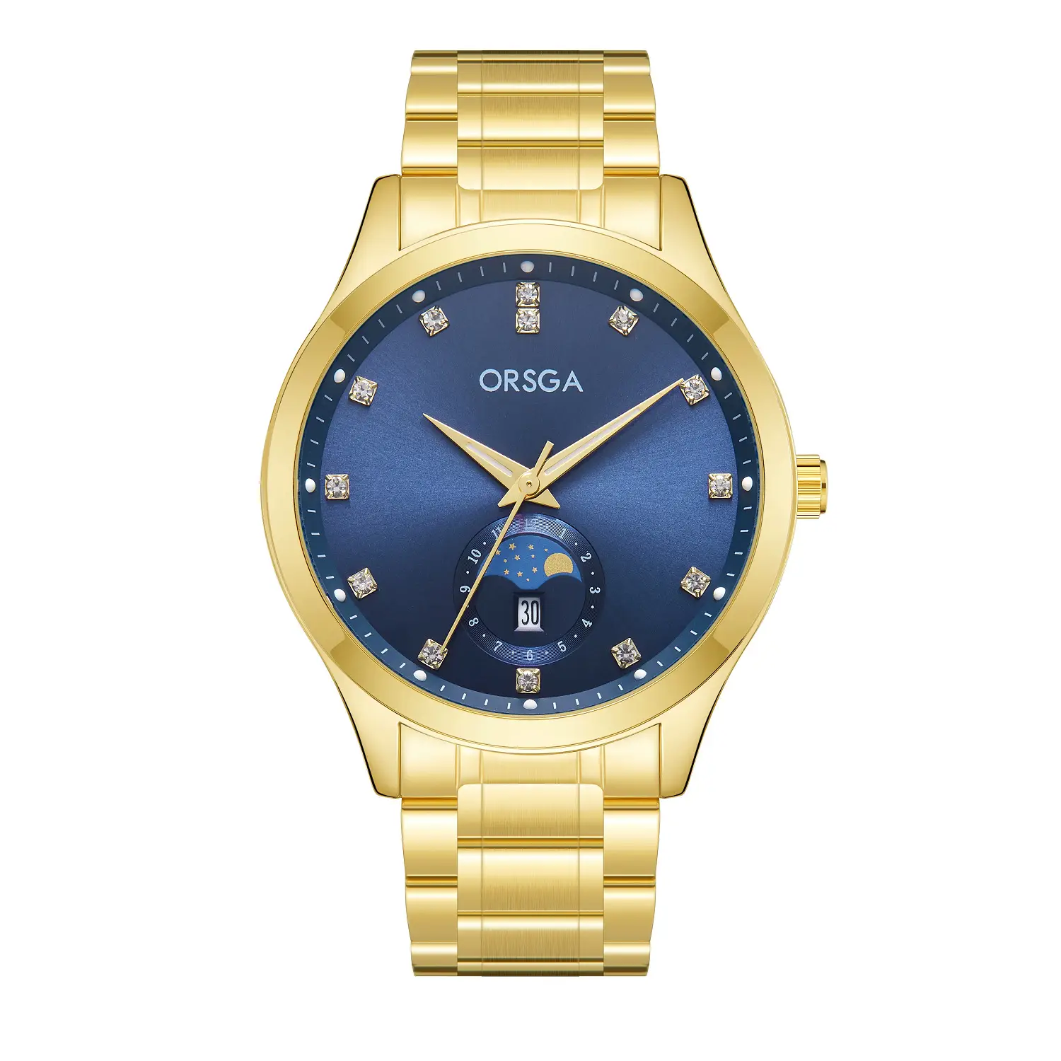 Orsga Men's Gold Dial Blue Leather Watch with Diamond Calendar - Image 4