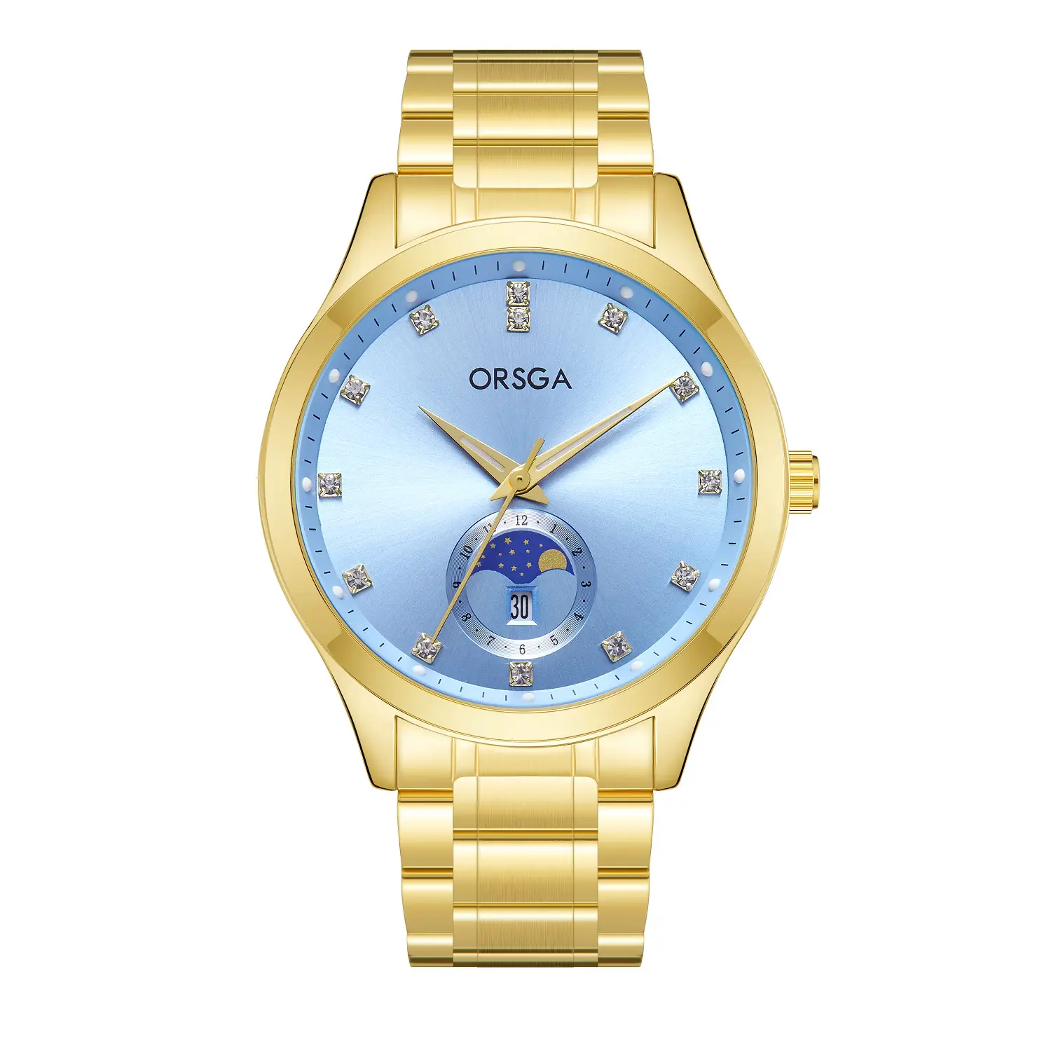 Orsga Men's Gold Dial Blue Leather Watch with Diamond Calendar - Image 5