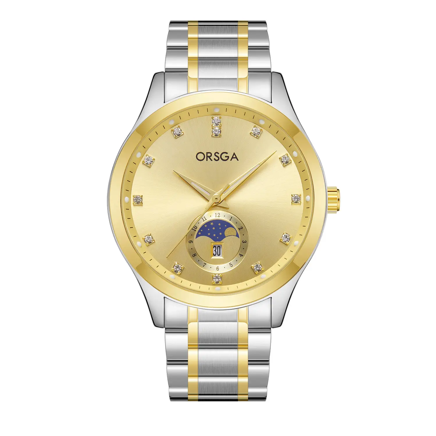 Orsga Men's Gold Dial Blue Leather Watch with Diamond Calendar - Image 6