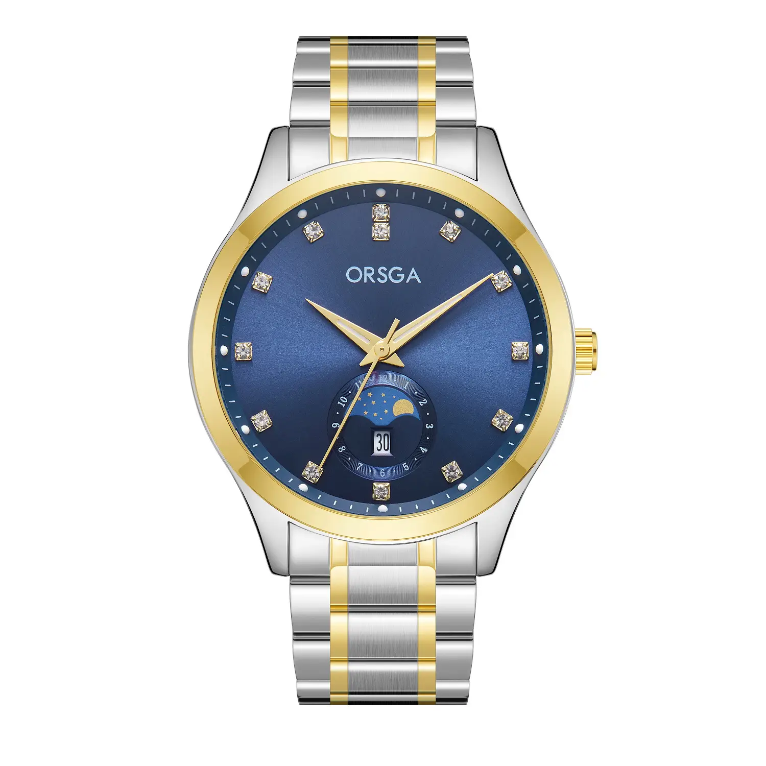 Orsga Men's Gold Dial Blue Leather Watch with Diamond Calendar - Image 9