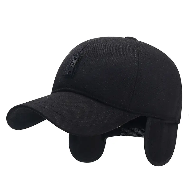 Men's Black Cotton Baseball Cap with Ear Protection - Image 5