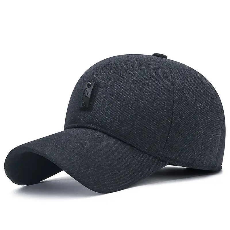 Men's Black Cotton Baseball Cap with Ear Protection - Image 2