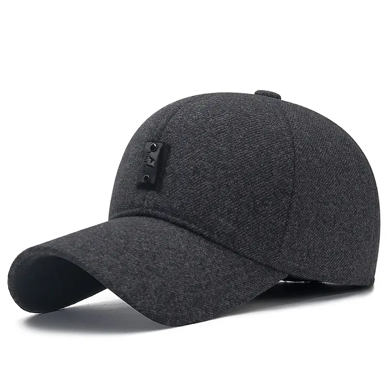 Men's Black Cotton Baseball Cap with Ear Protection - Image 3