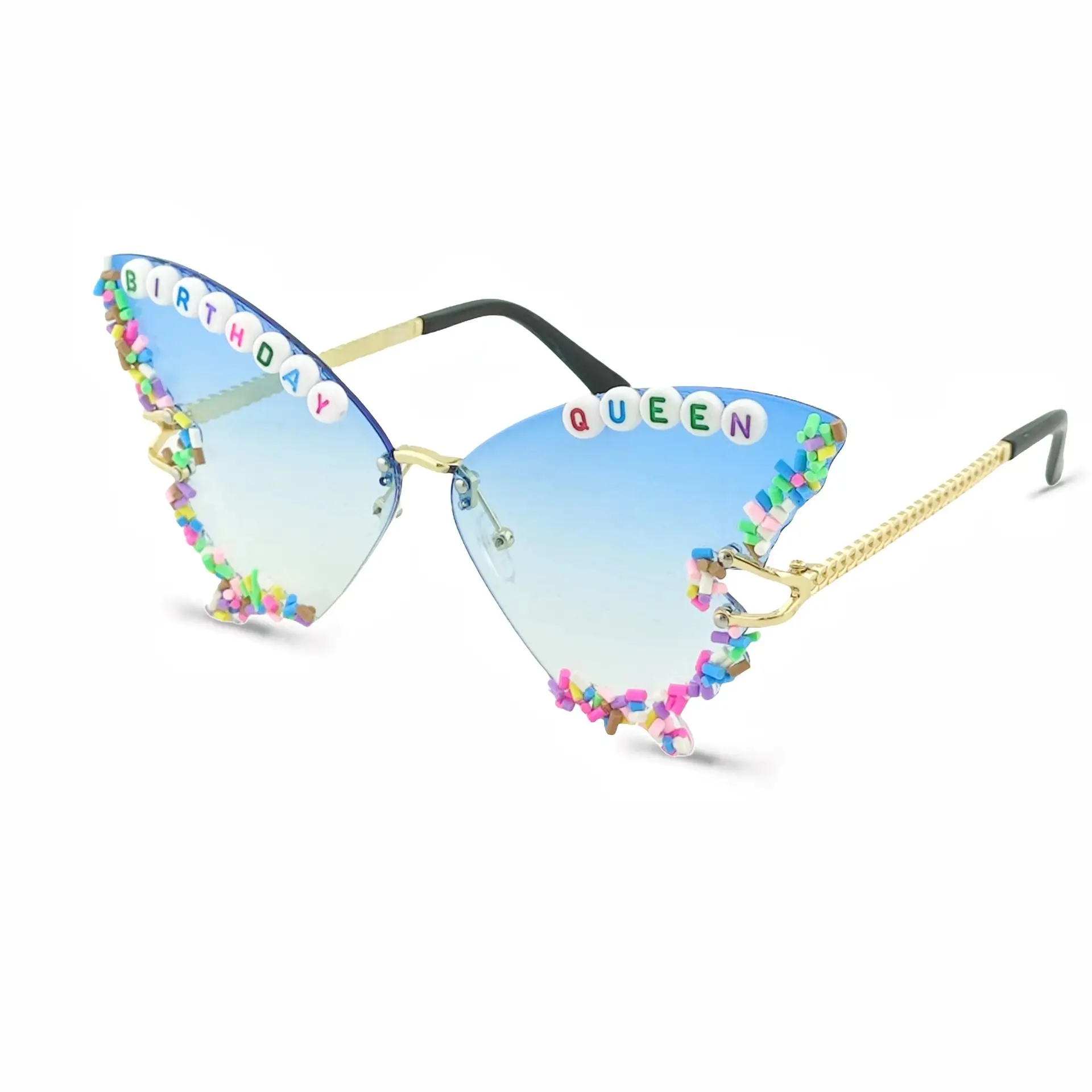 Women Butterfly Sunglasses with Glitter & Gold Frame - Image 11