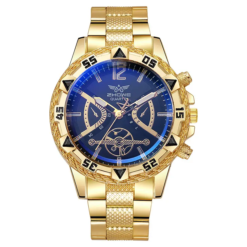 Men's Gold Quartz Watch with Blue Dial & Diamond Clasp — feature 13