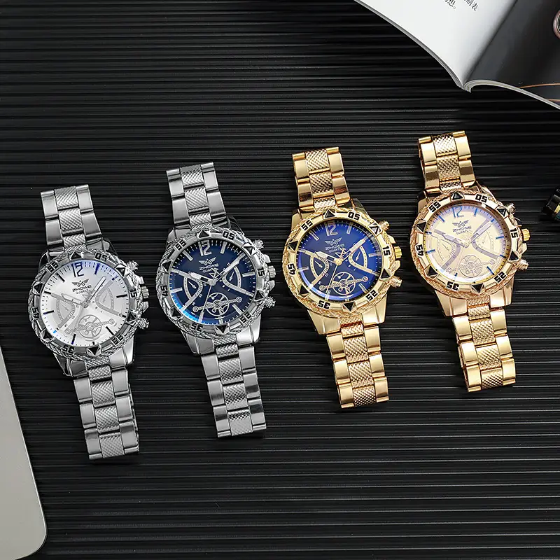 Men's Gold Quartz Watch with Blue Dial & Diamond Clasp — feature 3