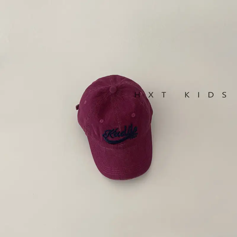 Children's Maroon Embroidered Cap Spring Autumn Washed
