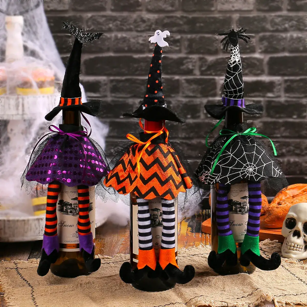 Halloween Witch Hat Set Orange Striped Long Leg Wine Bottle Decor - Image 4
