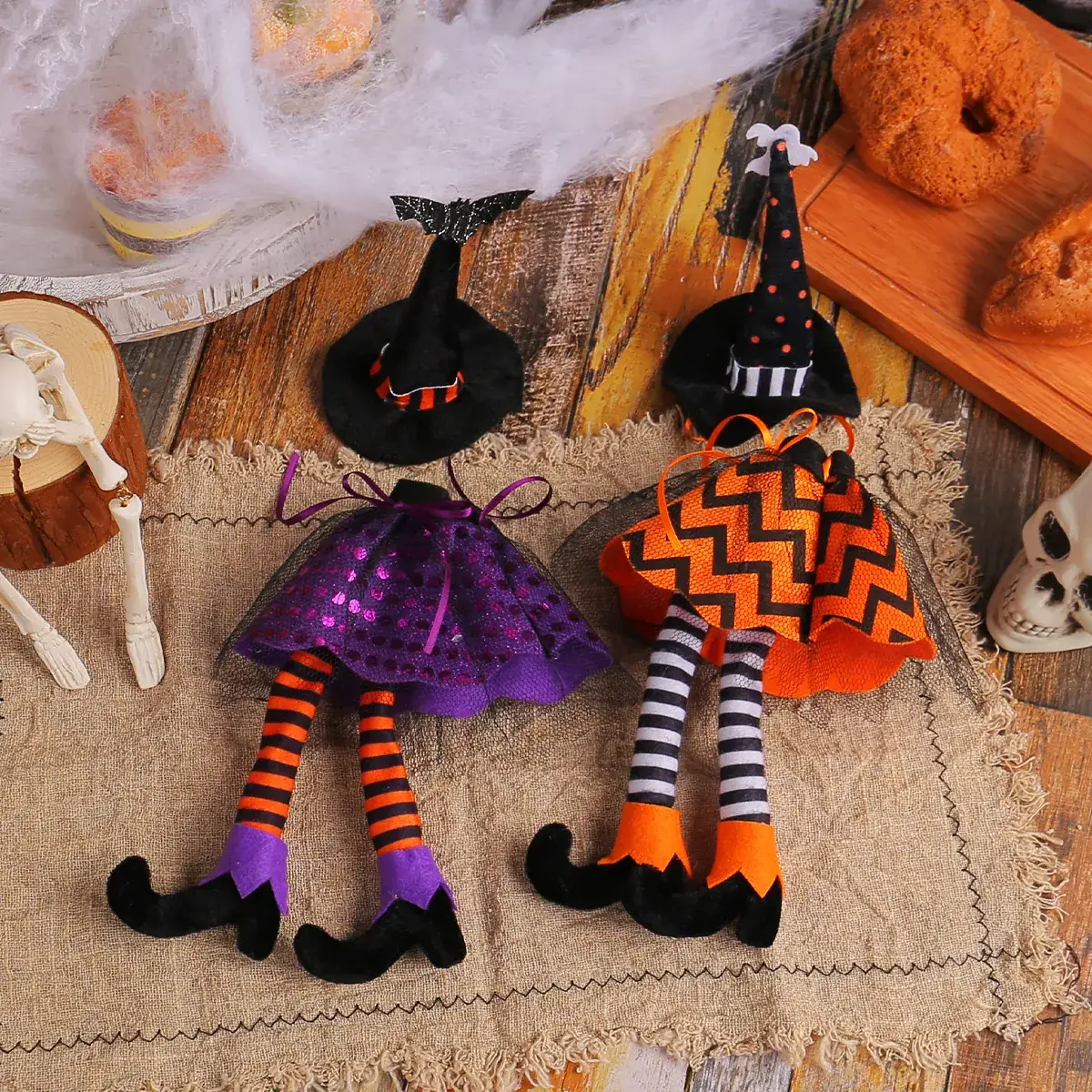 Halloween Witch Hat Set Orange Striped Long Leg Wine Bottle Decor - Image 5