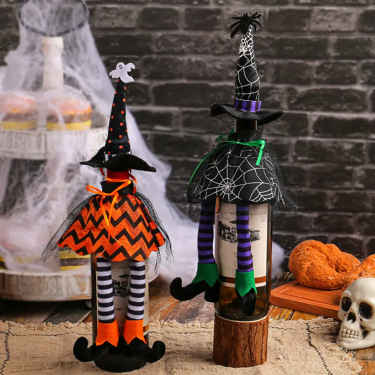 Halloween Witch Hat Set Orange Striped Long Leg Wine Bottle Decor - Image 6