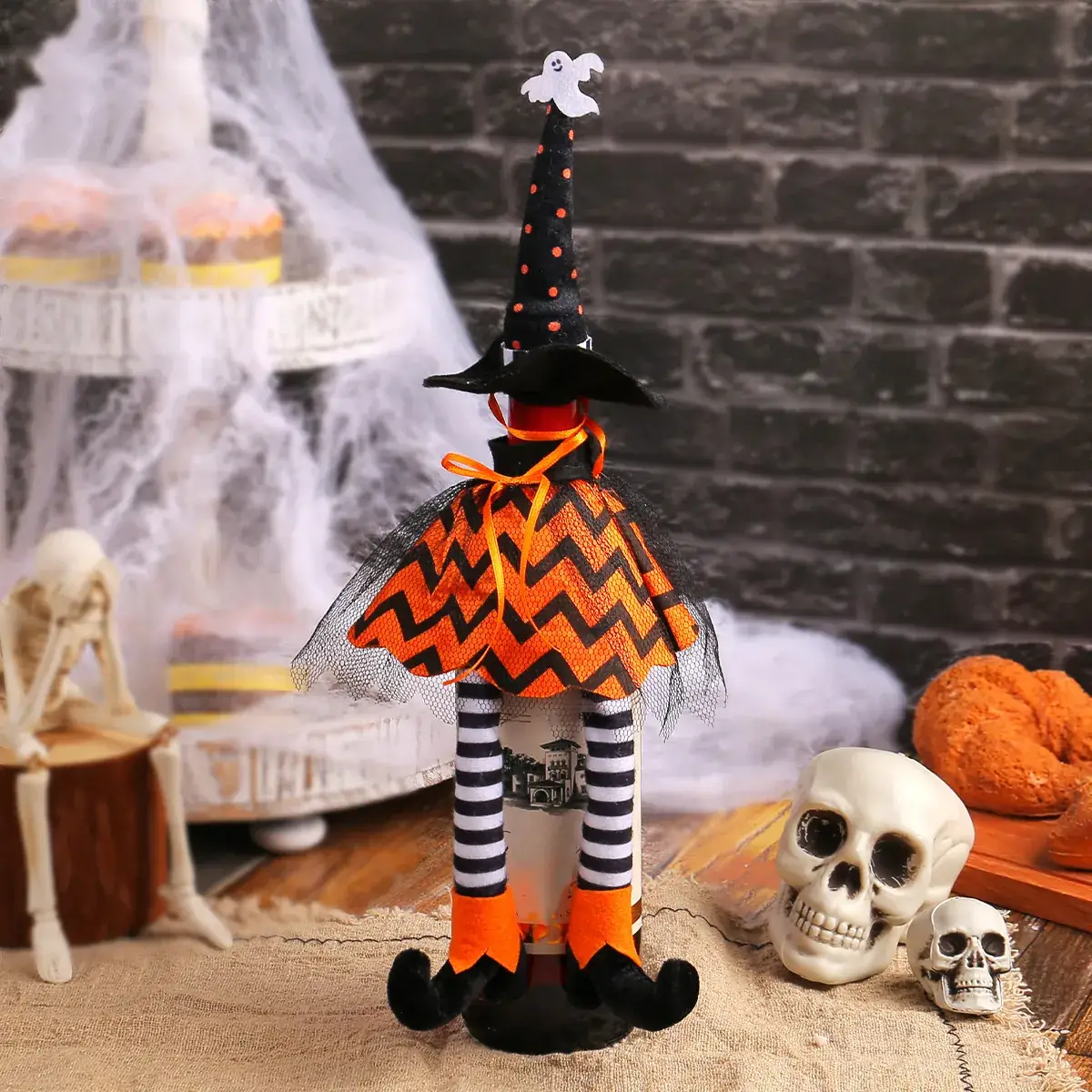 Halloween Witch Hat Set Orange Striped Long Leg Wine Bottle Decor - Image 7